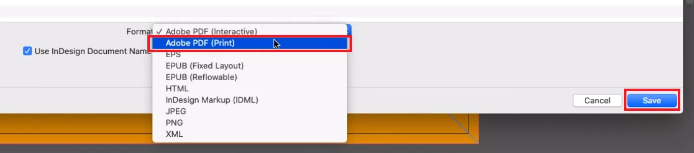 select the Adobe PDF (Print) format in indesign
