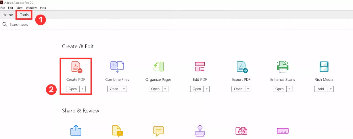 click Tools and select Create PDF in Adobe Acrobat