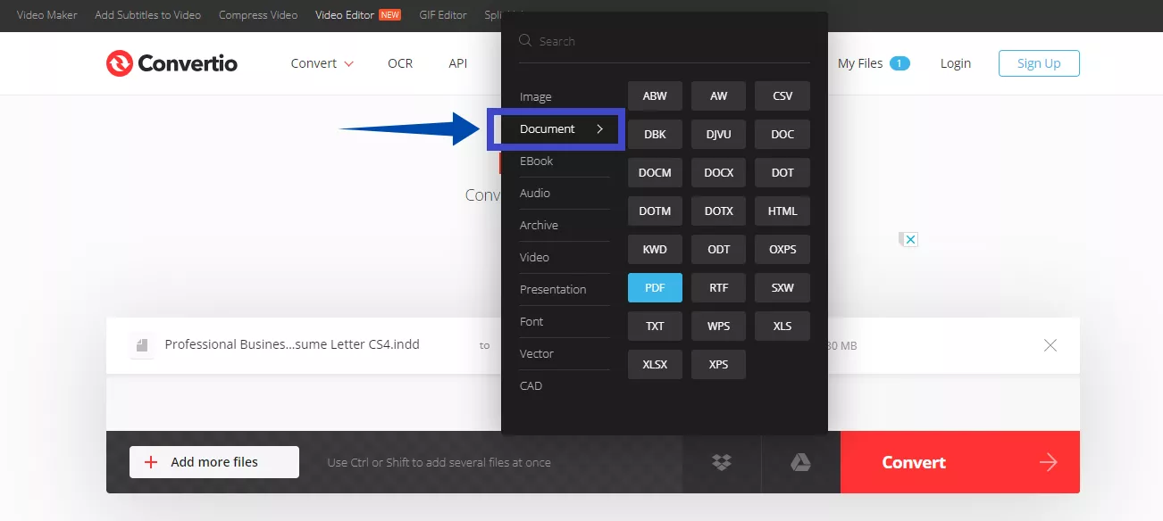 select the PDF format in the convertio