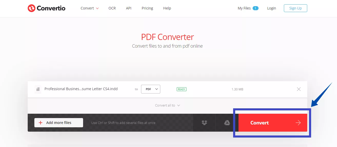 click Convert to convert INDD to PDF online with convertio