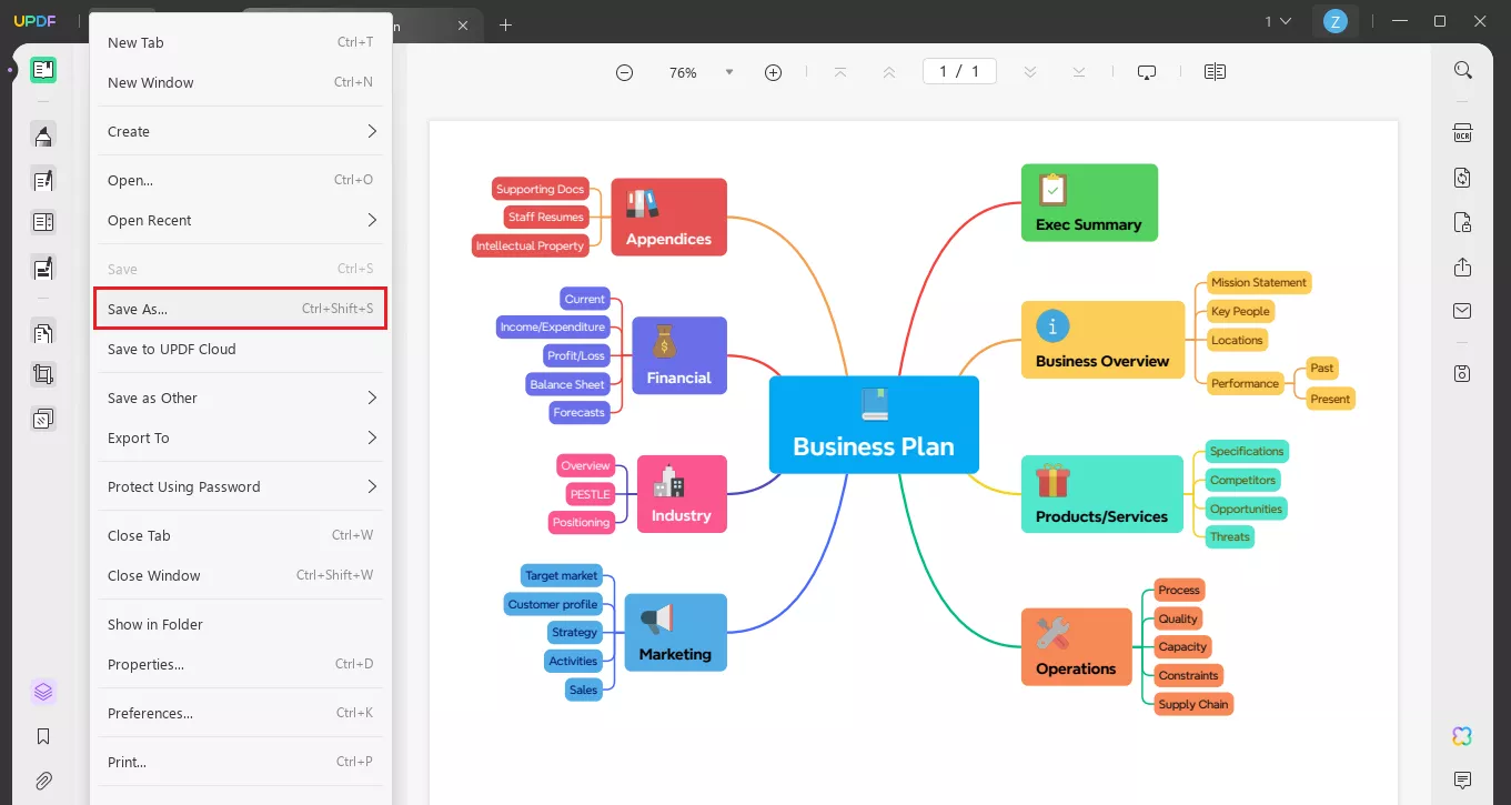 save the final pdf mind map file with updf