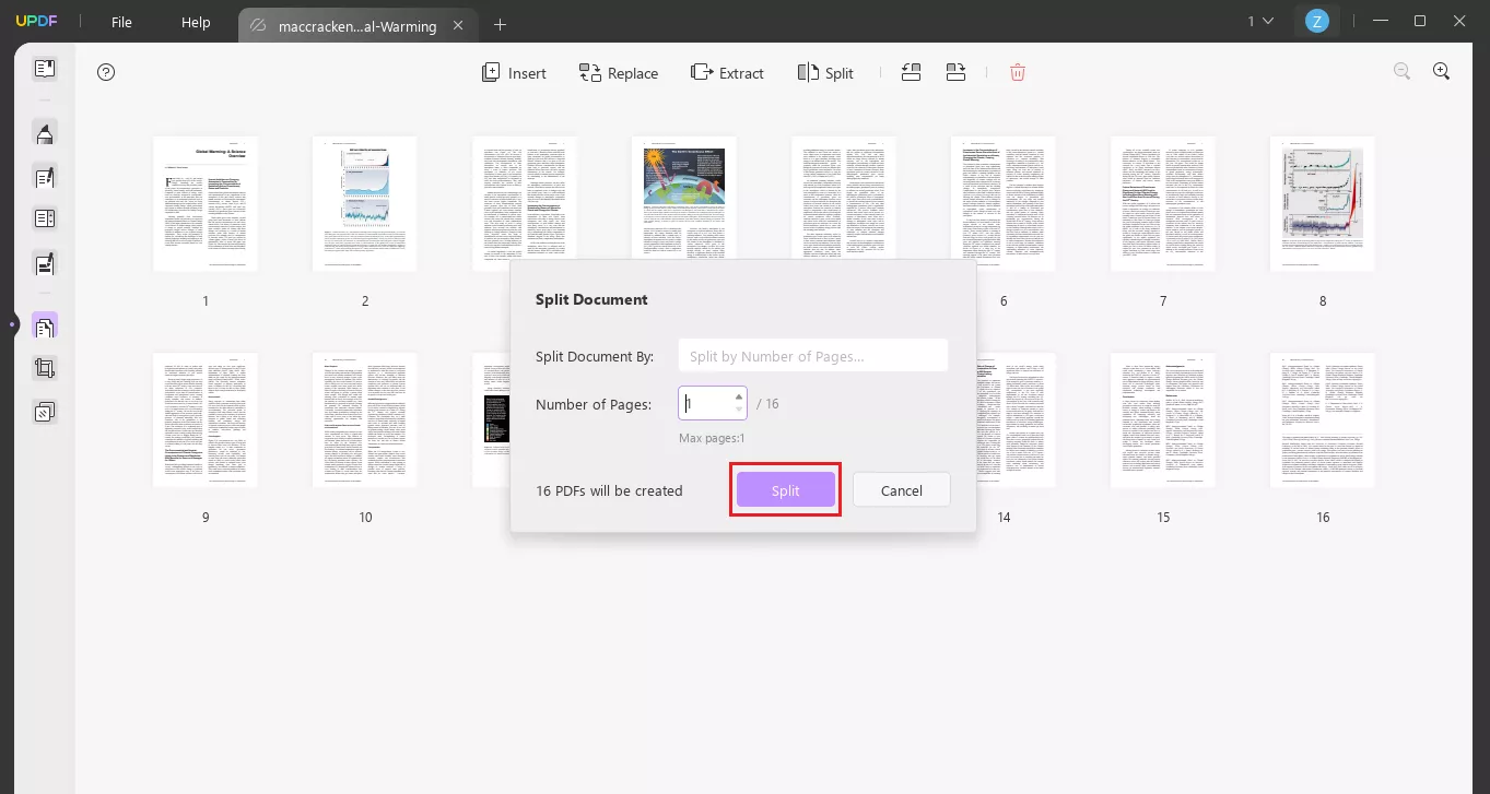 select the number of pages and click split in updf