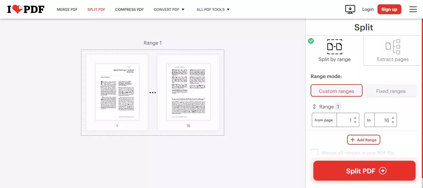 select the split option and click split pdf in ilovepdf