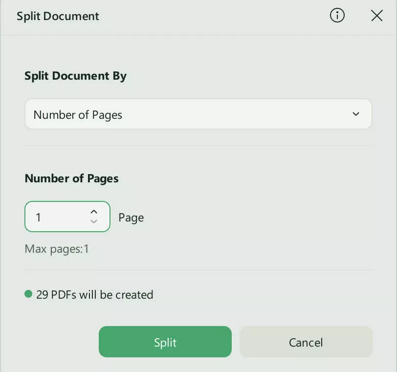 select the number of pages and click split in updf