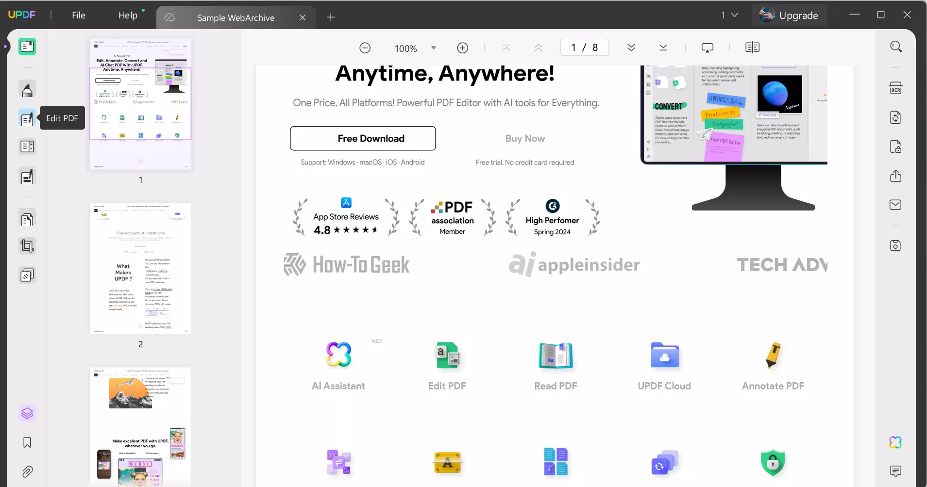 select the edit pdf option from the left menu with UPDF