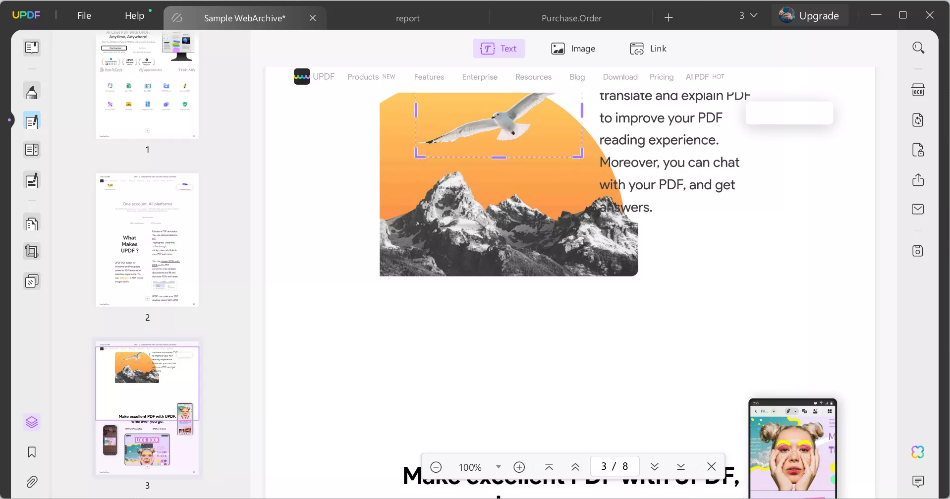 select the text option from the menu at the top with UPDF