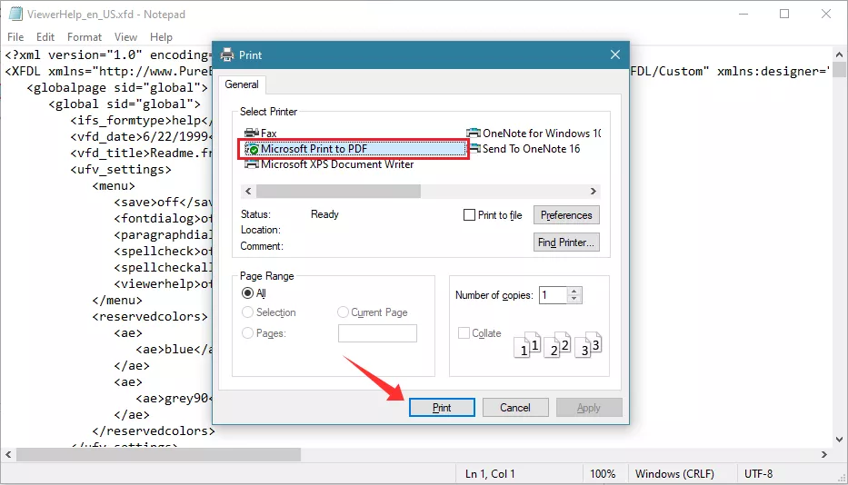 select Microsoft Print to PDF and click Print XFDL to PDF
