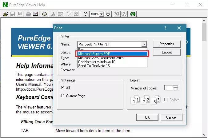 select Microsoft Print to PDF with pureedge