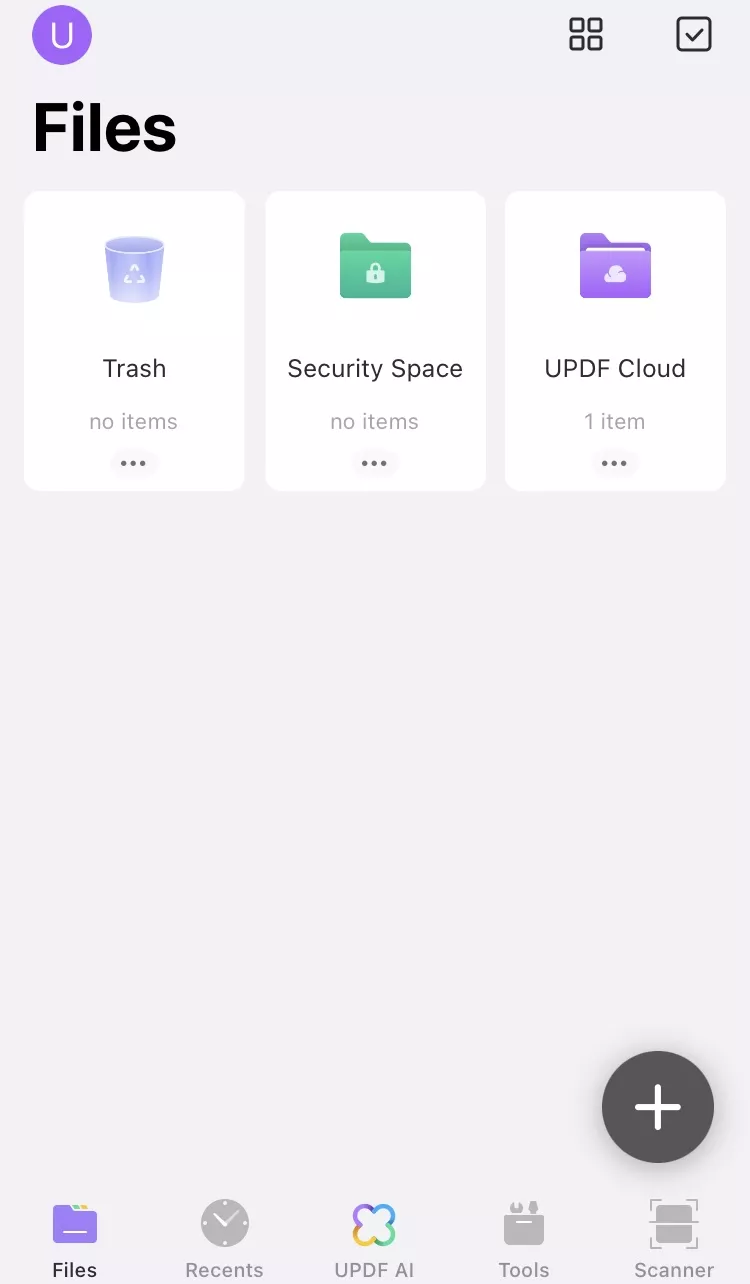 ap “+” to upload file in updf for ios  