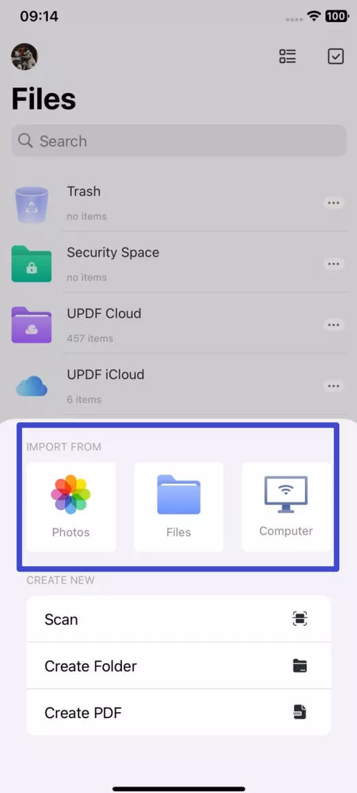 import the pdf file with updf for ios