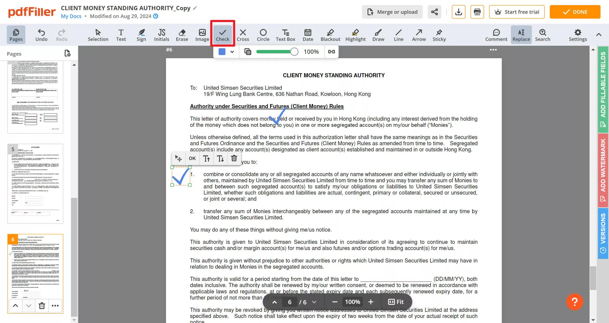 click chech tool in pdffiller