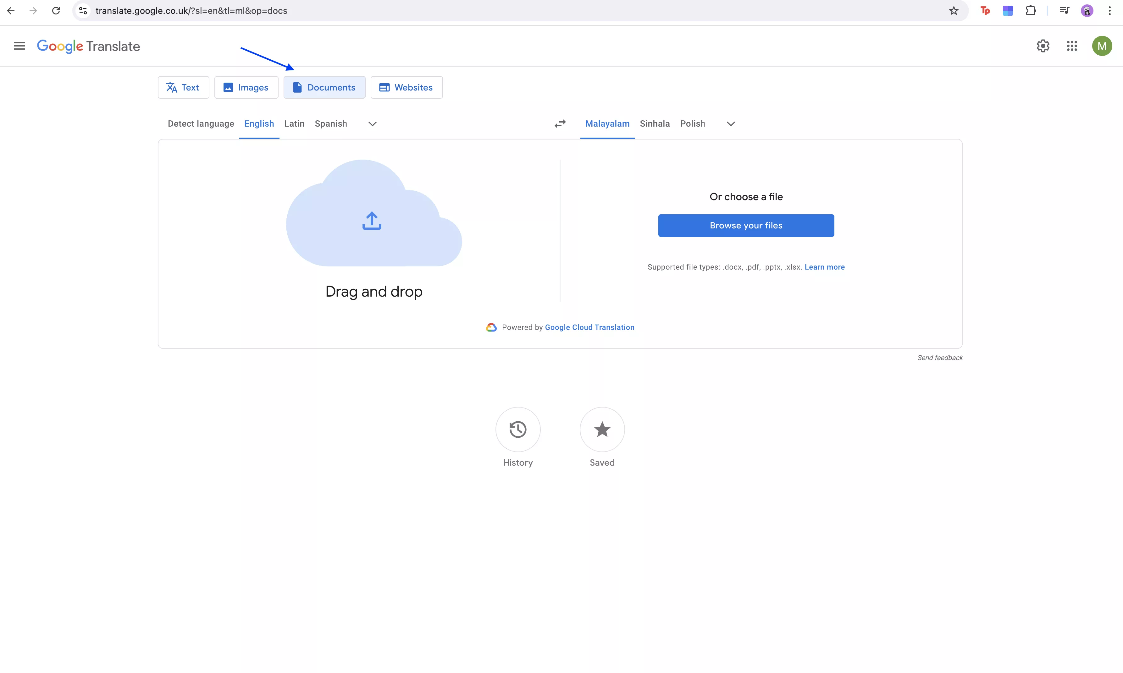 choose documents in google translate for Malayalam pdf to english
