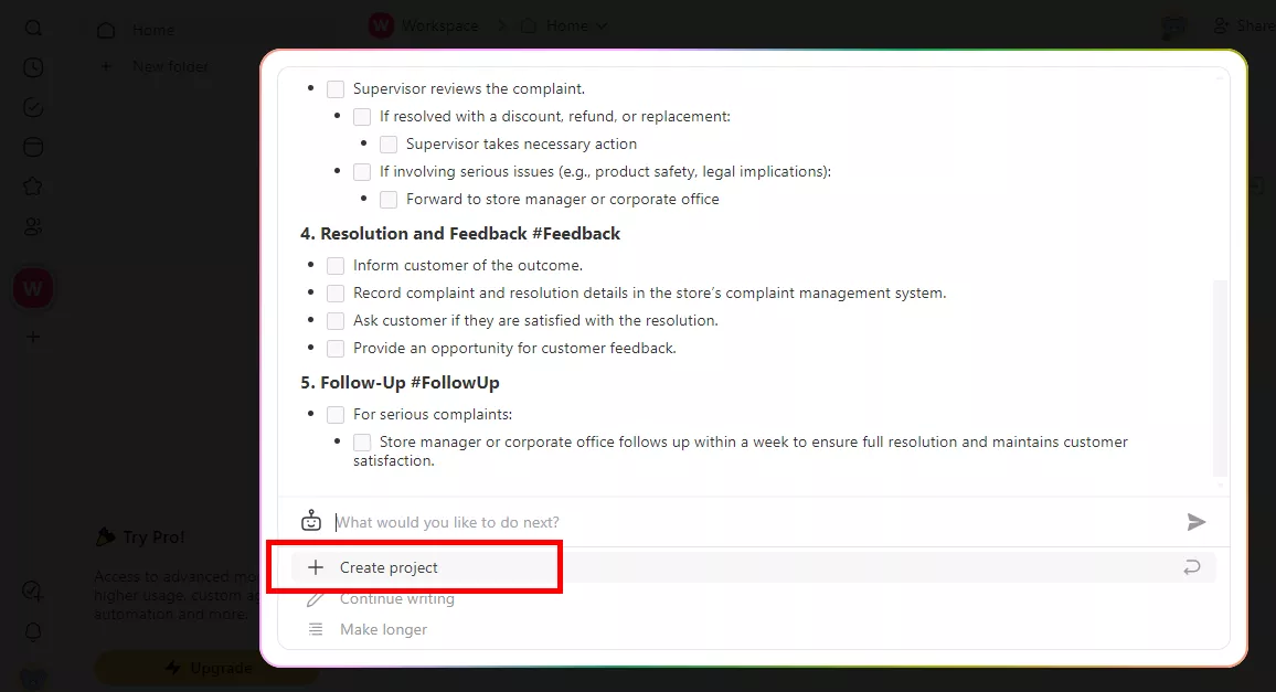 click create project in taskade