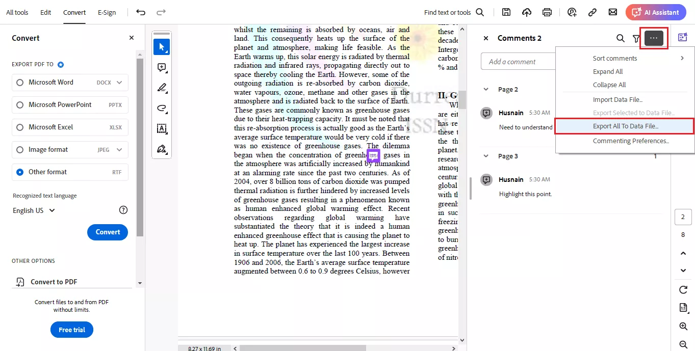click export all to data file in adobe acrobat