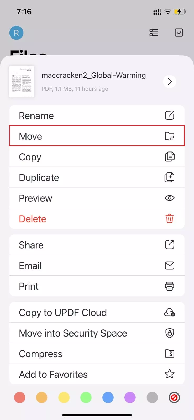 click move or share from the list in updf for ios