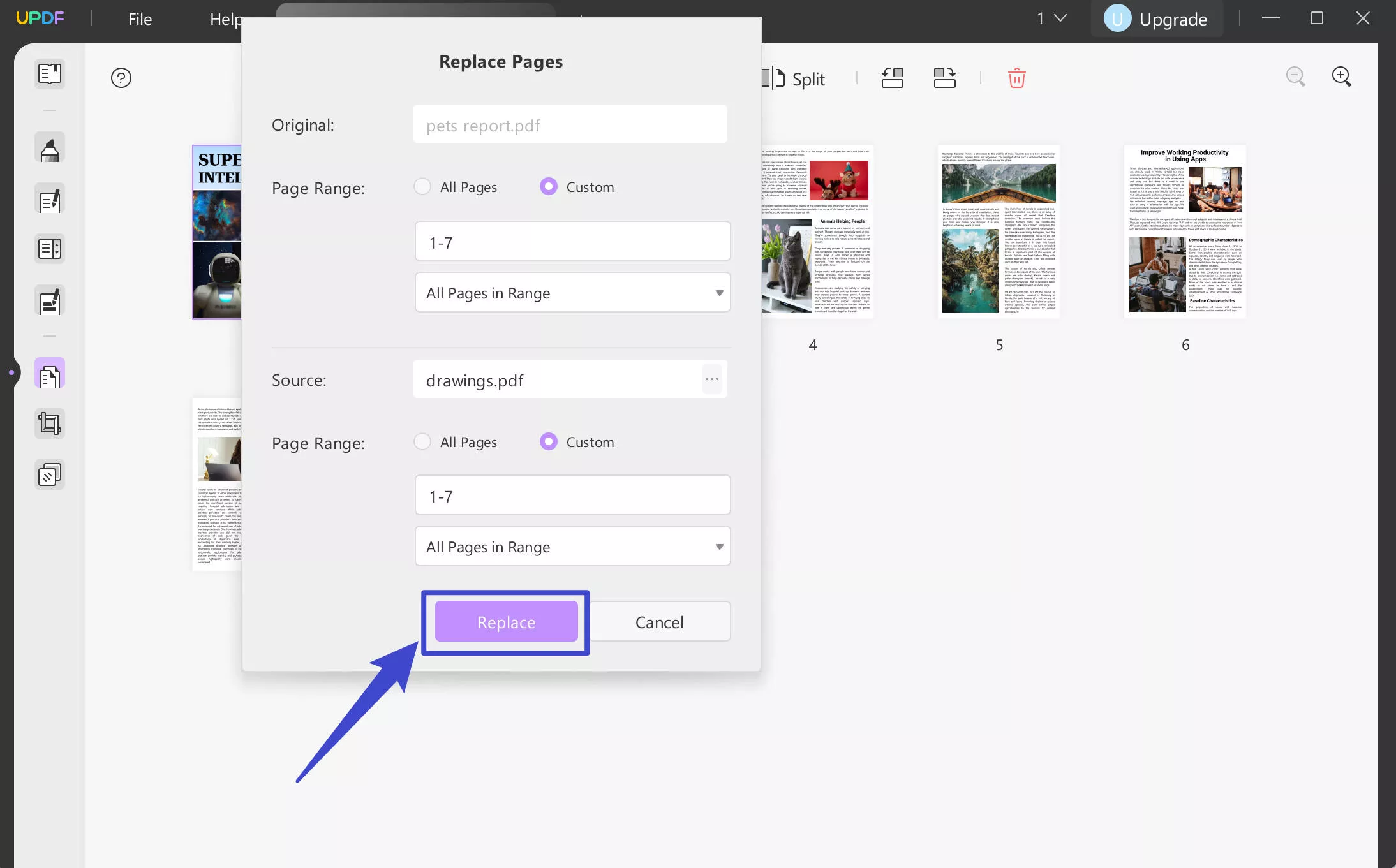 click replace to replace  pages