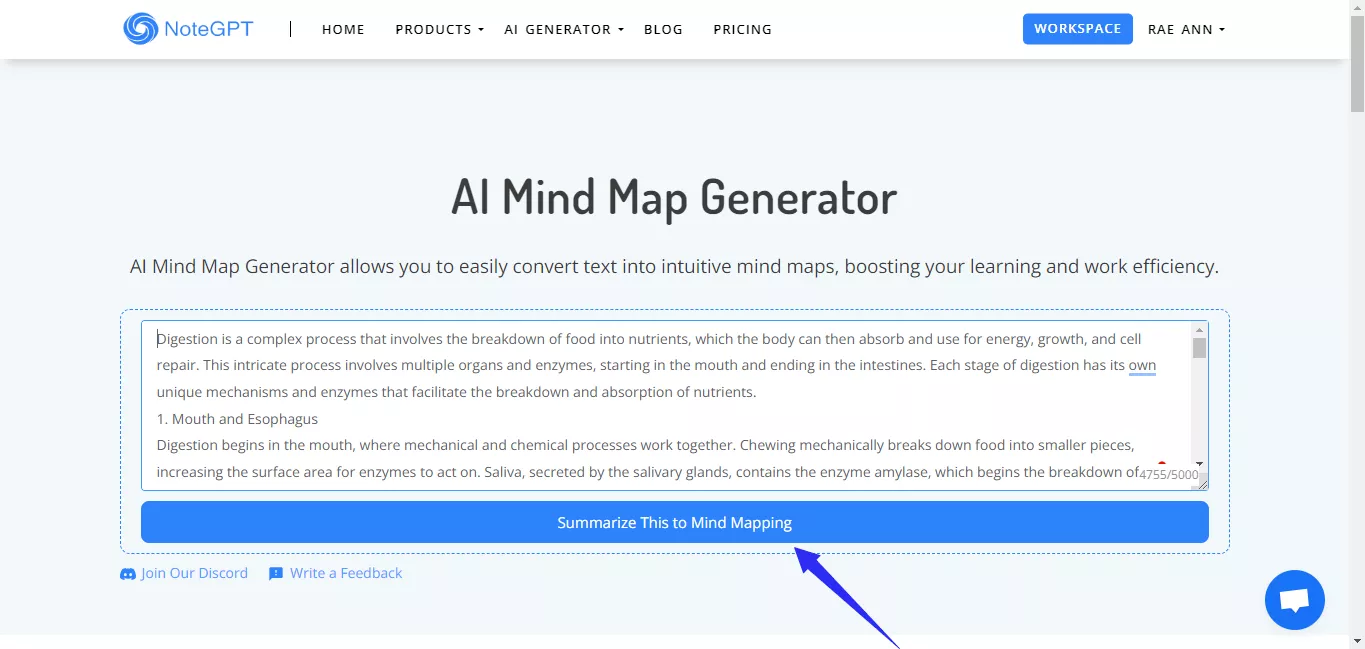 click summarize this to mind mapping in notegpt