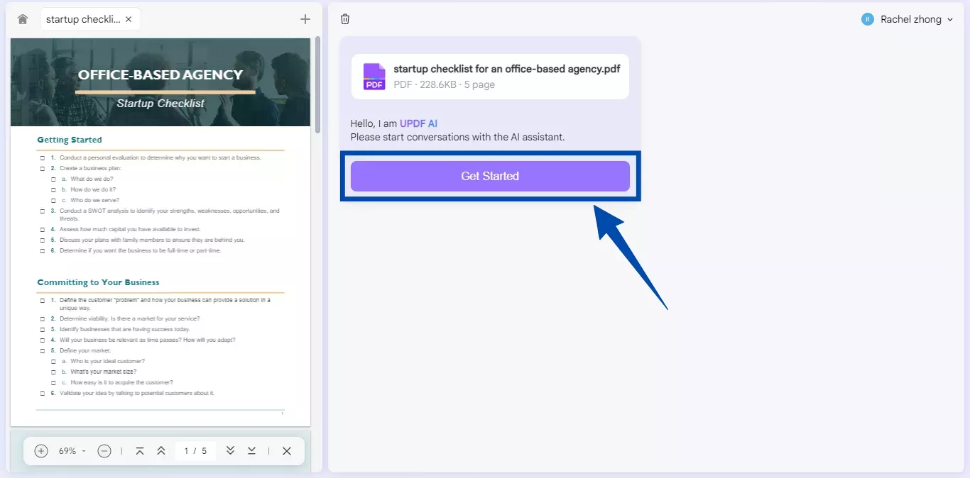 click the get started button in updf ai