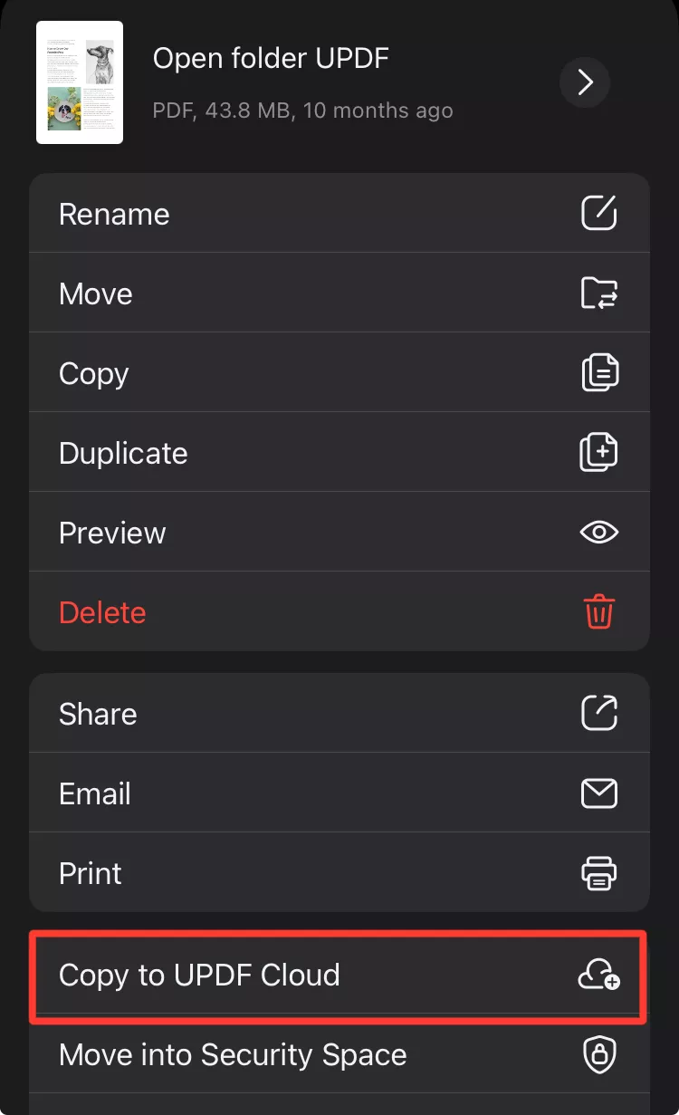 copy to UPDF Cloud in UPDF for iOS