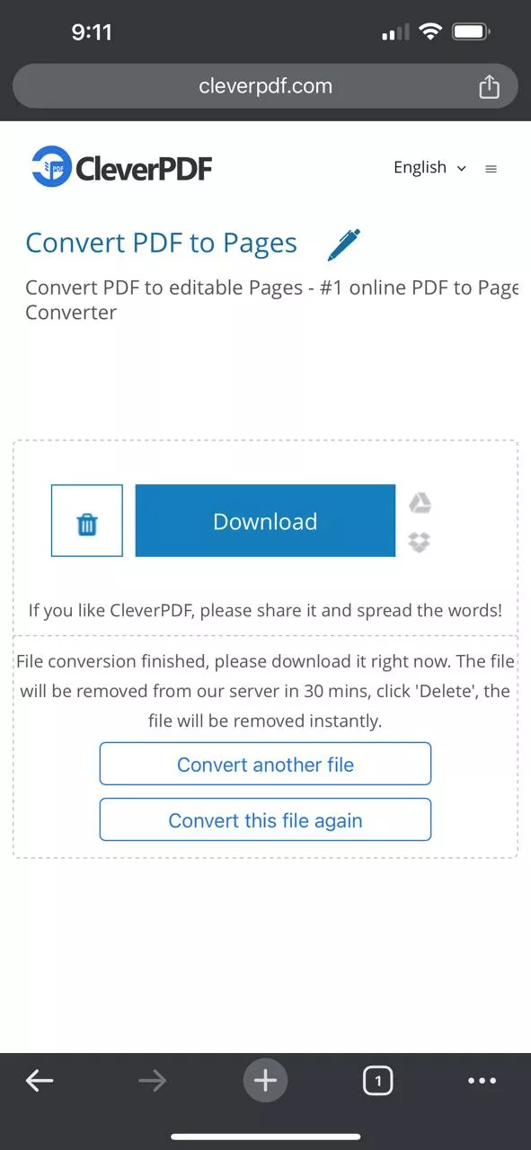 download converted file in cleverpdf