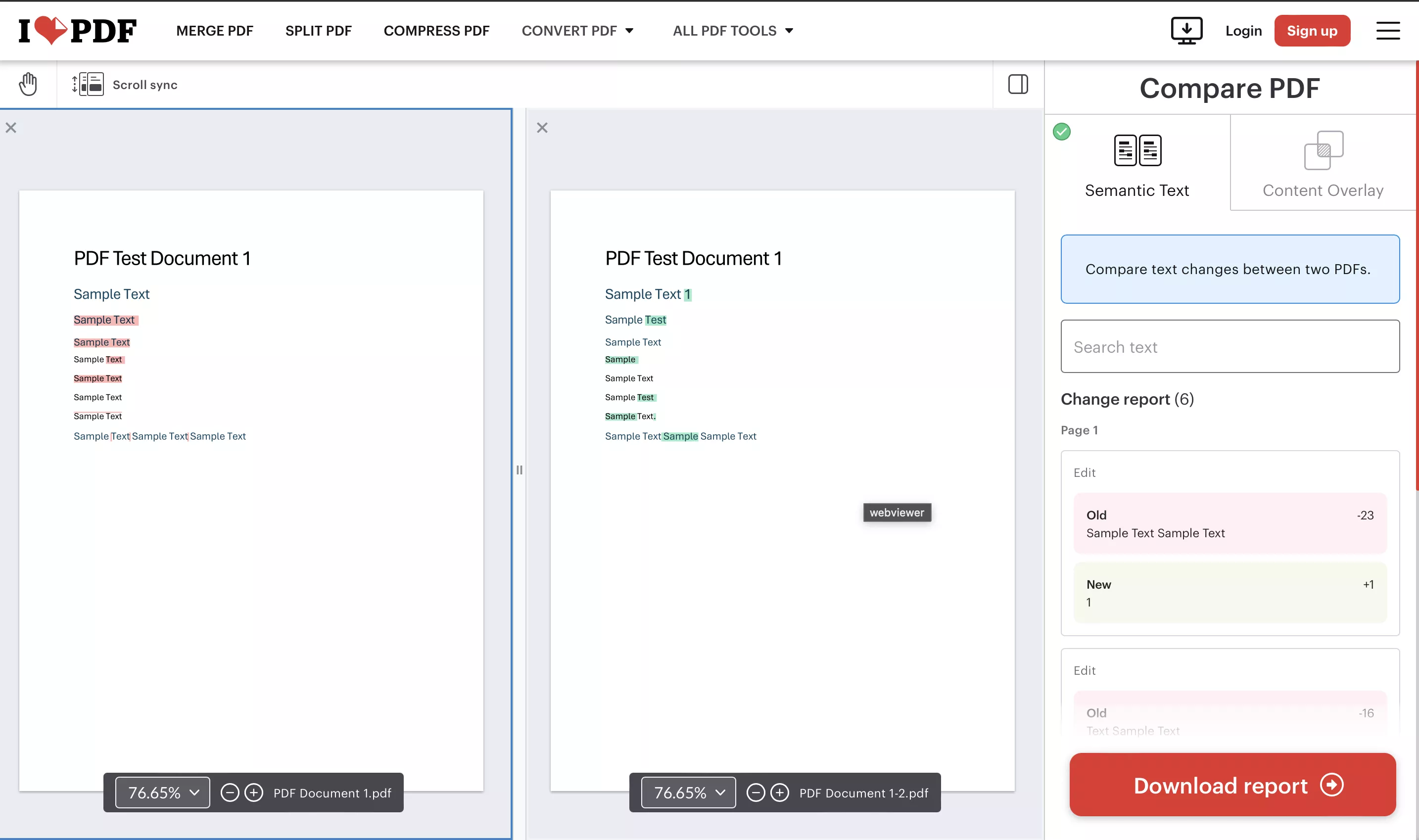 download report for comparing pdf online with ilovepdf