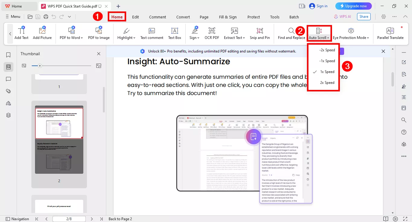 enable auto-scroll under the home tab in wps pdf