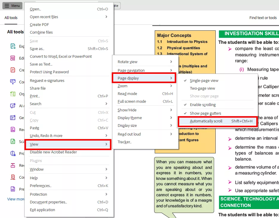 enable automatically scroll from the acrobat’s menu