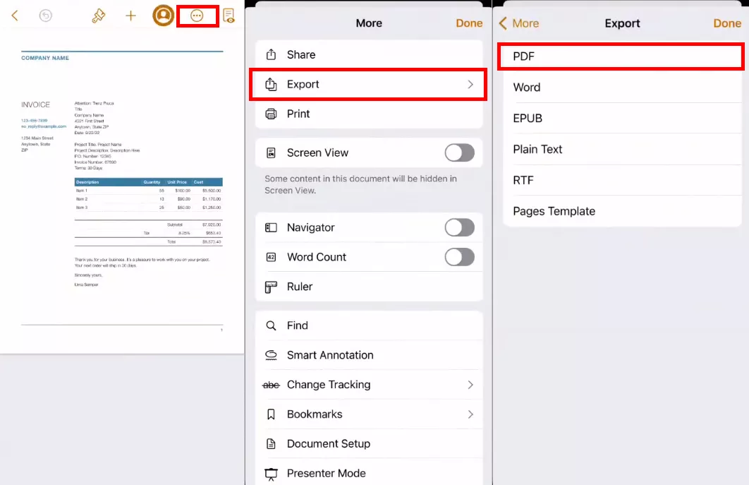export pages as pdf on iphone