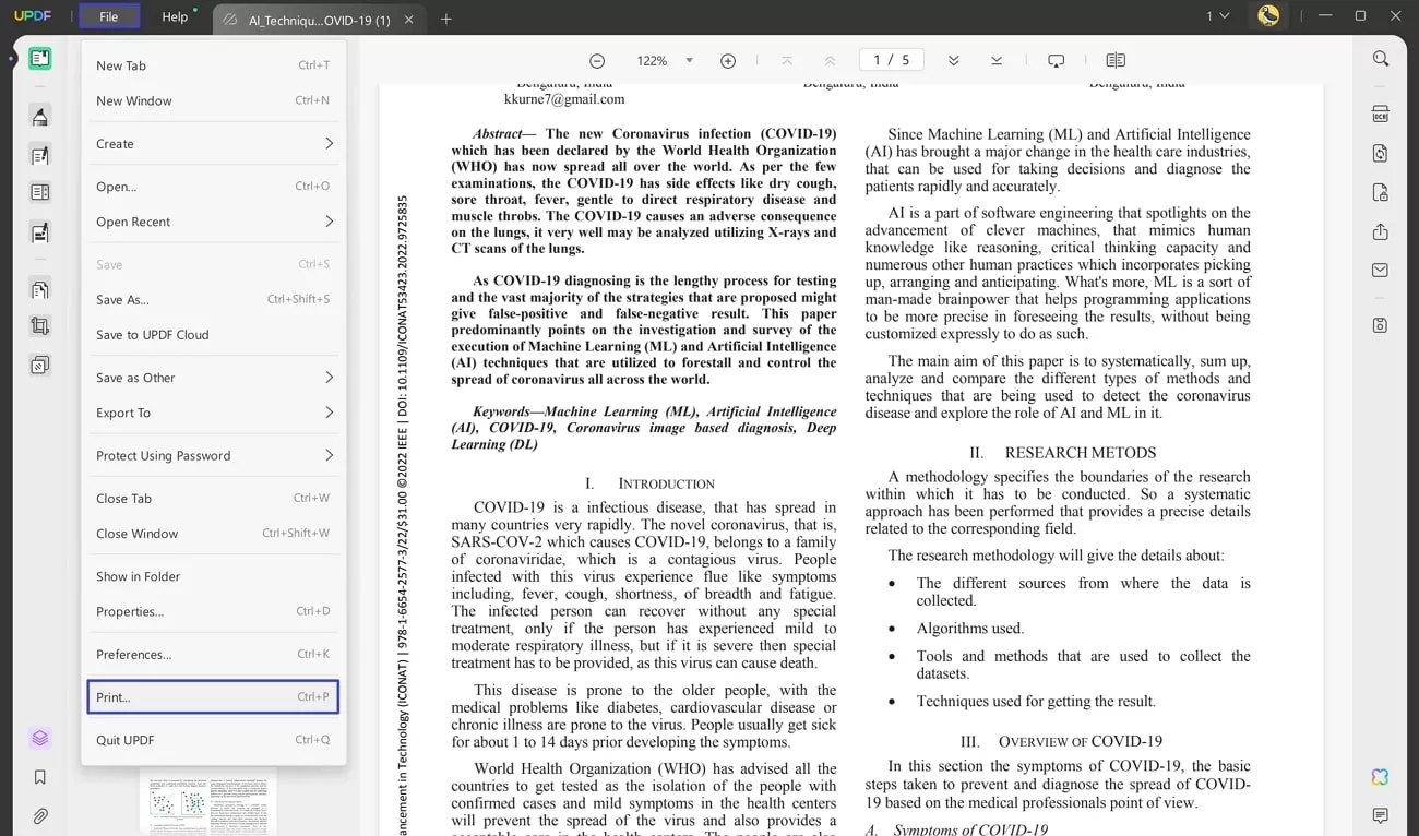 access print option in updf