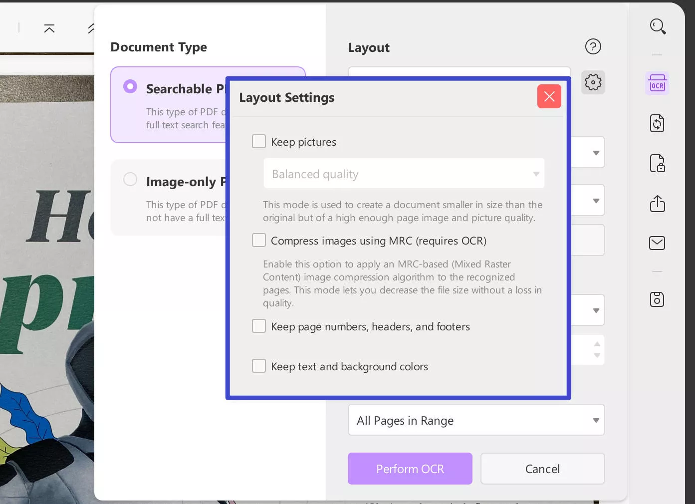 define layout settings for OCR