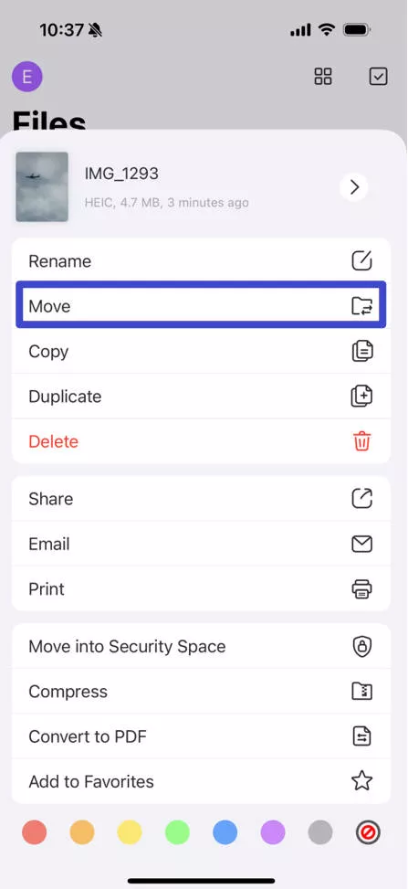 click move or share from the list in updf for ios