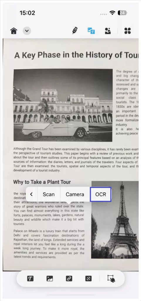 click the ocr button in updf for ios
