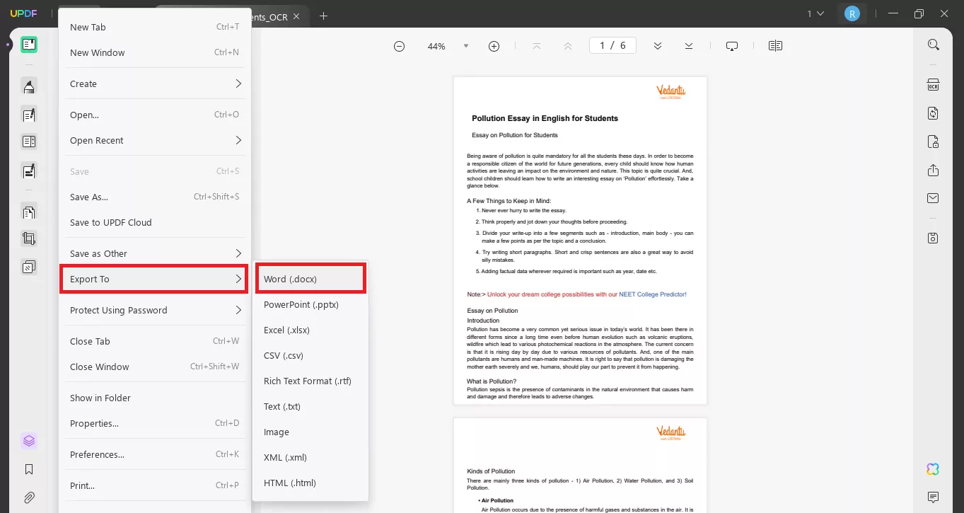 open pdf and convert to word with updf