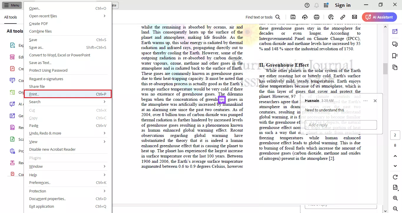 find and open the print option in adobe acrobat