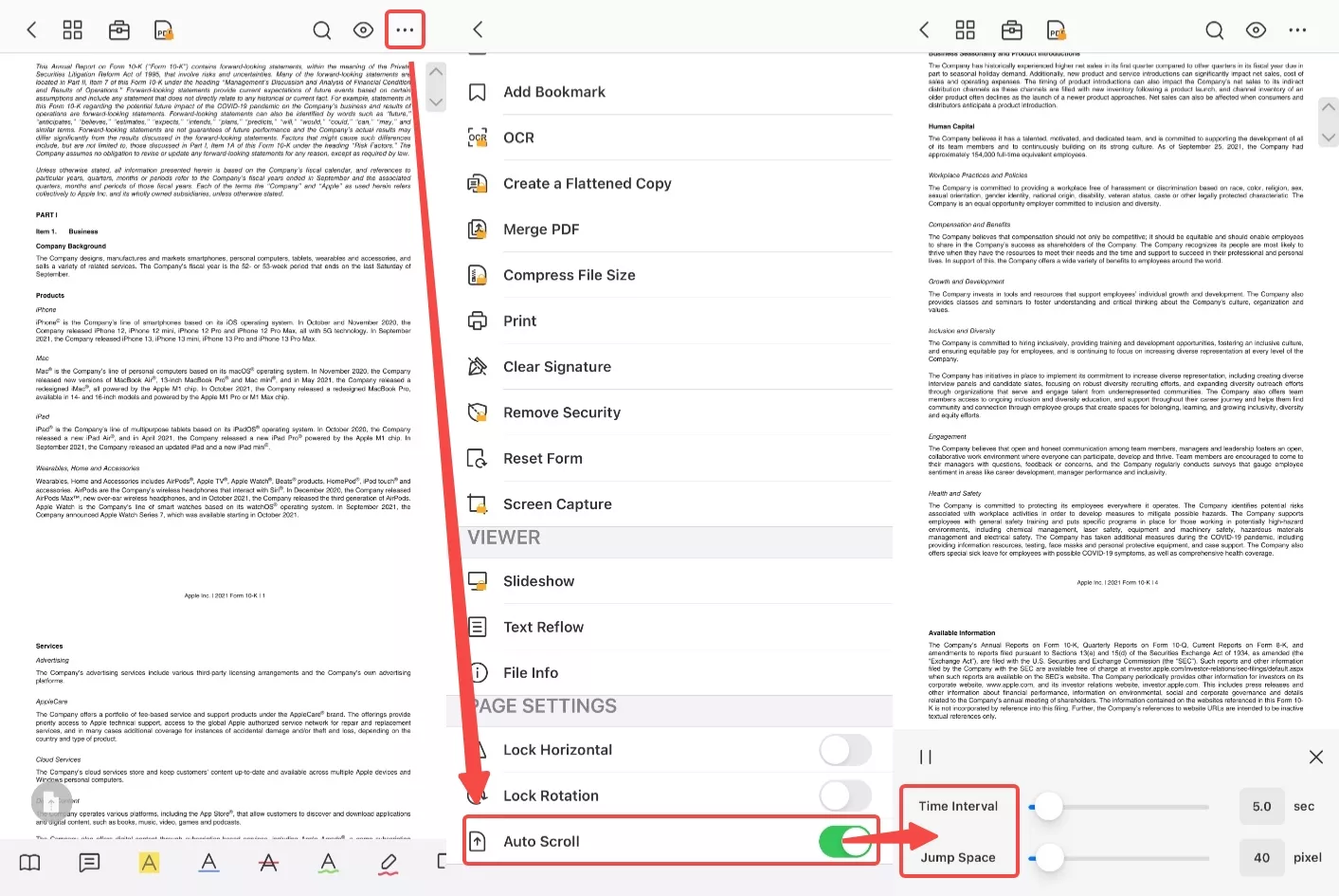 pdf reader pro auto scroll on iphone