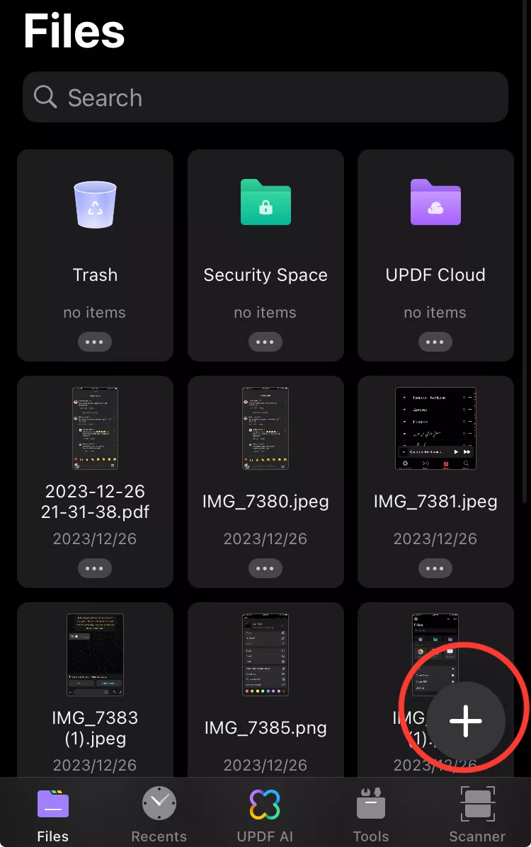 plus icon in updf for ios
