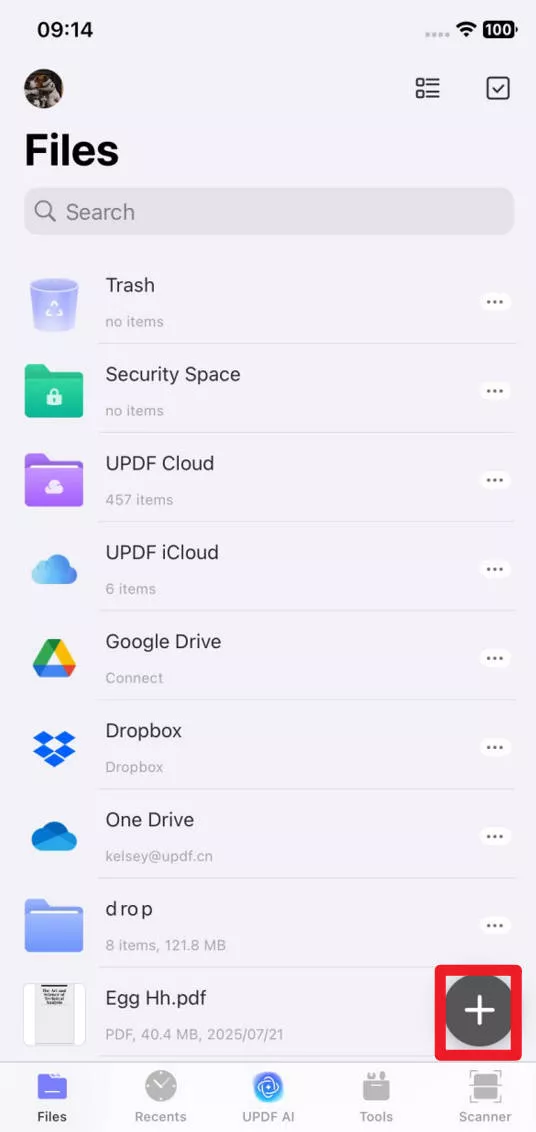 tap plus icon in updf for ios.