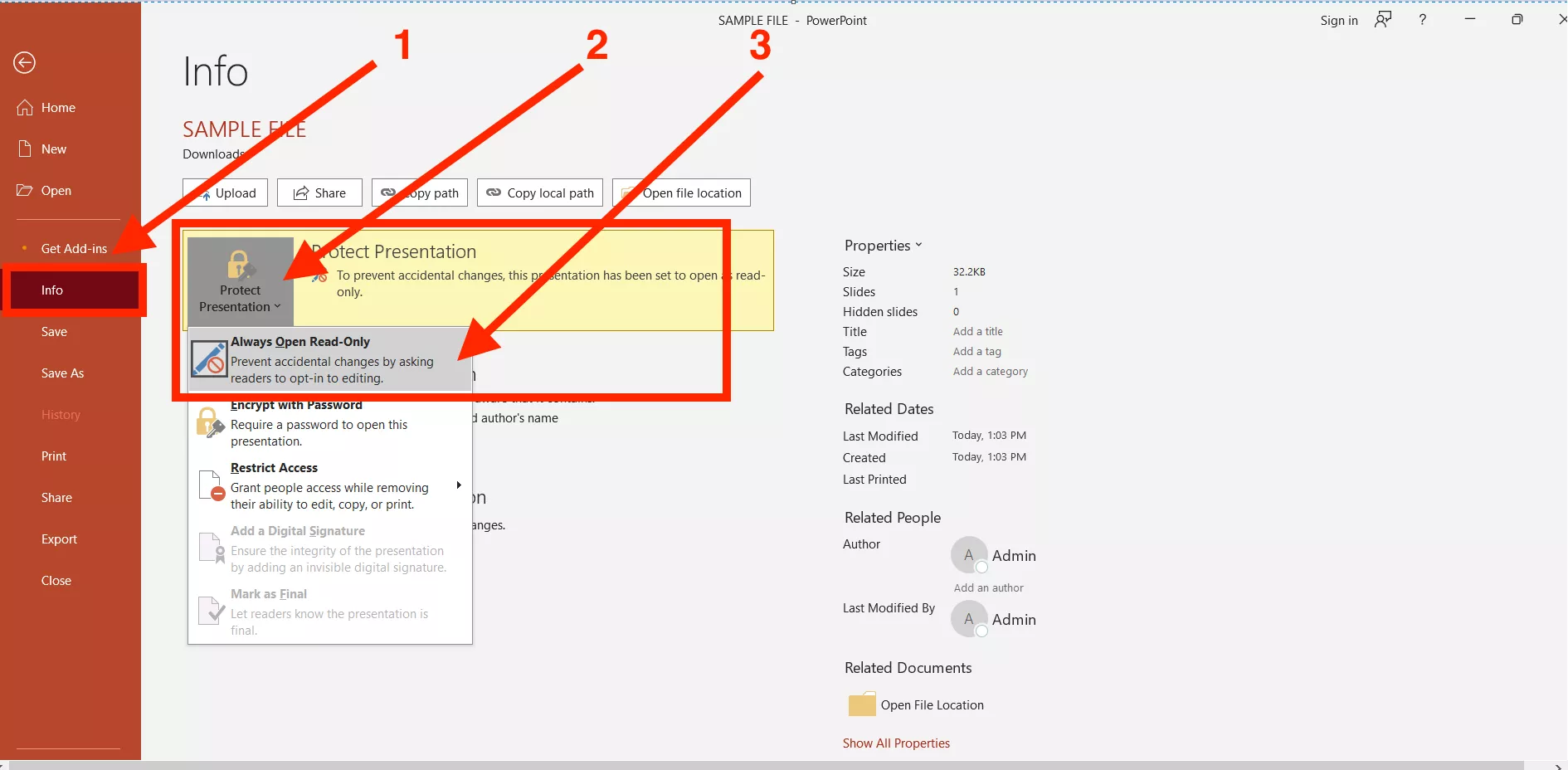click the "Always Open Read-Only" button  in powerpoint