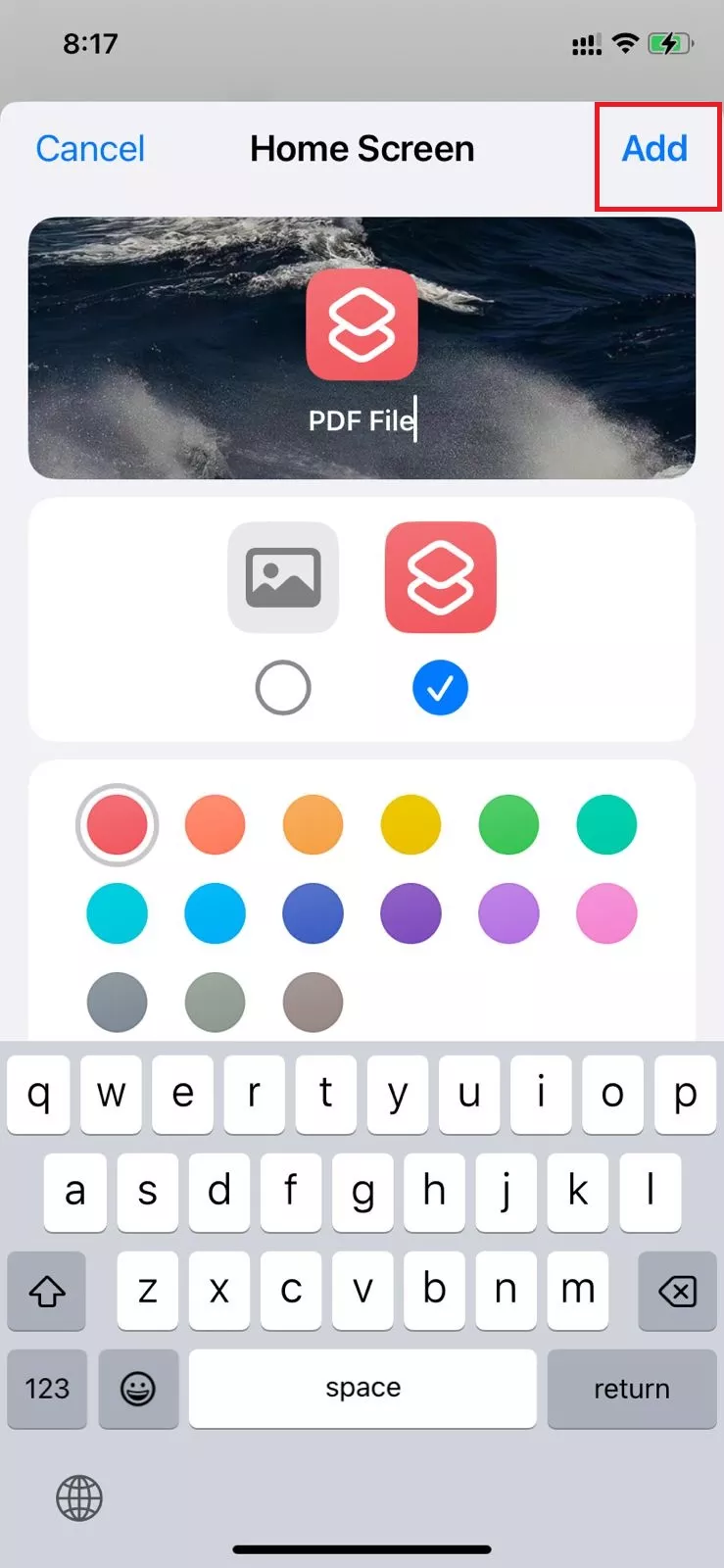 rename the shortcut app and click add in iphone