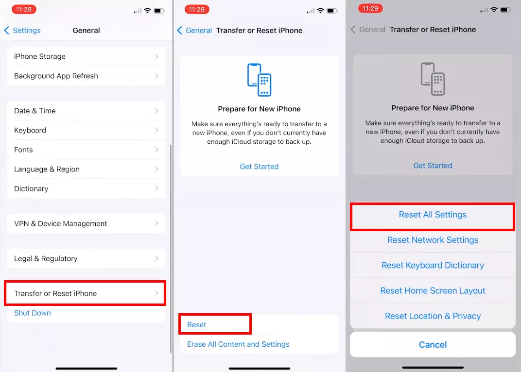reset all settings in iphone