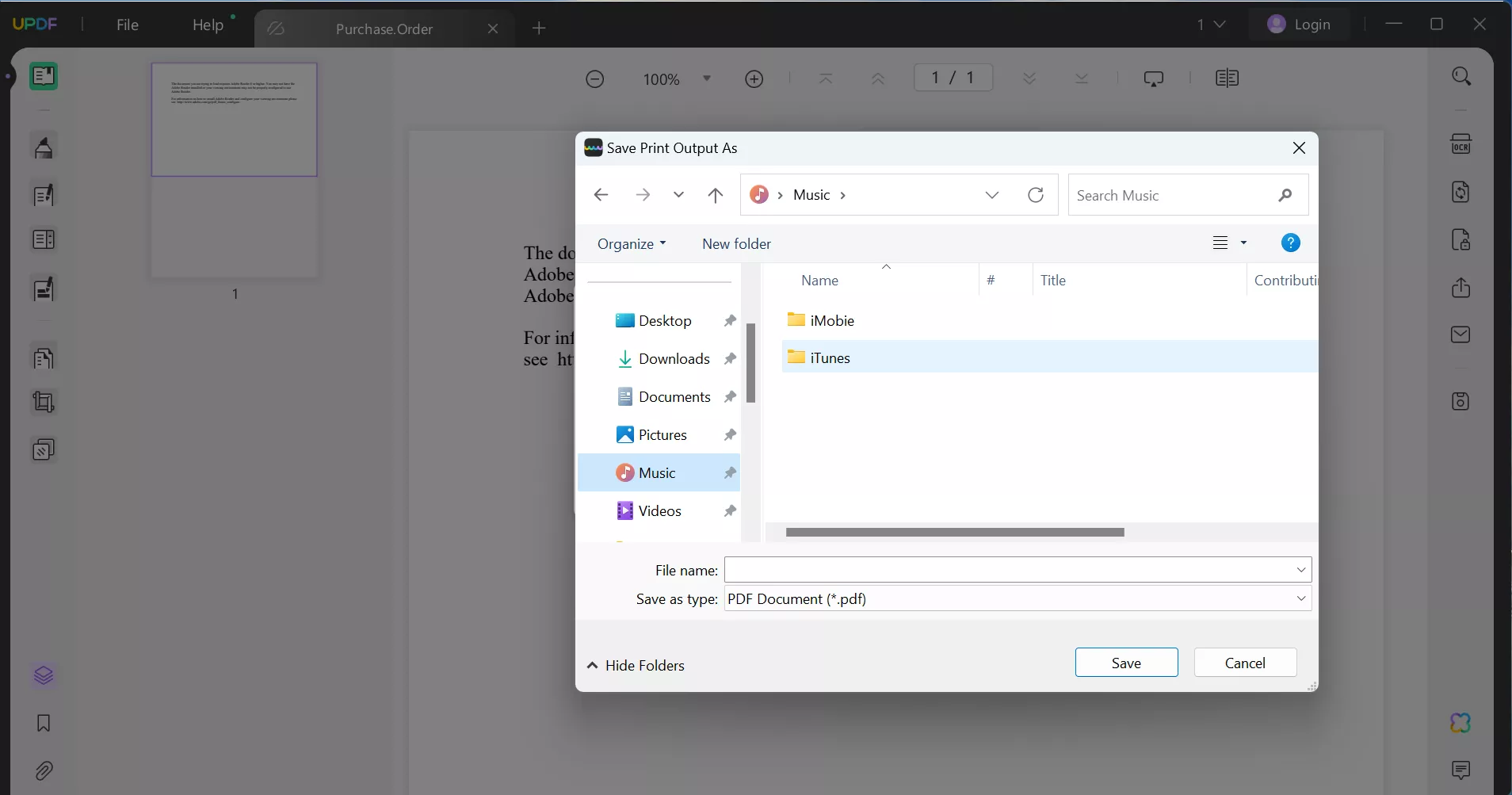 save file to desired folder with updf