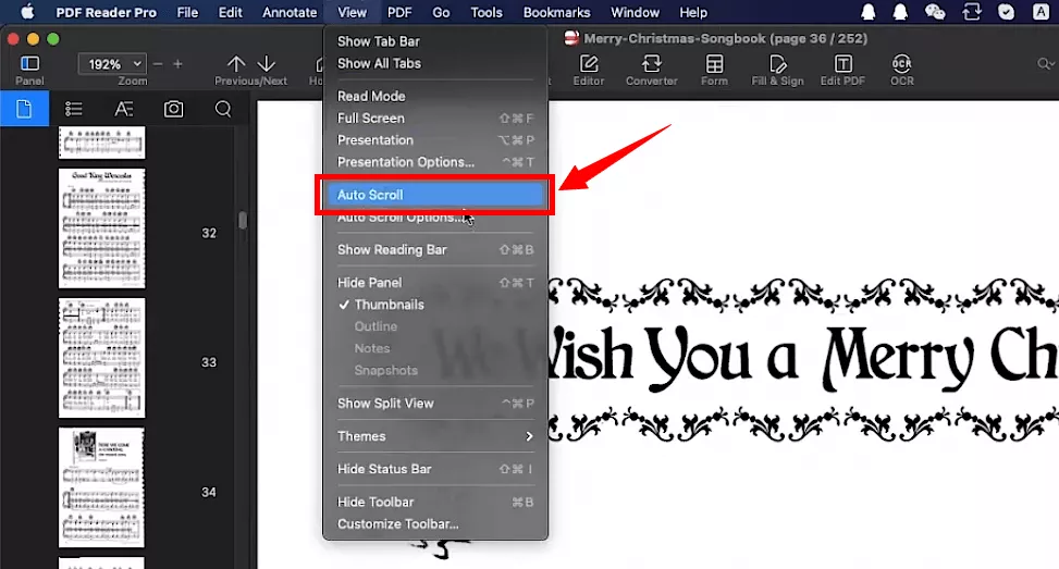 select auto-scroll under the view menu in pdf reader pro