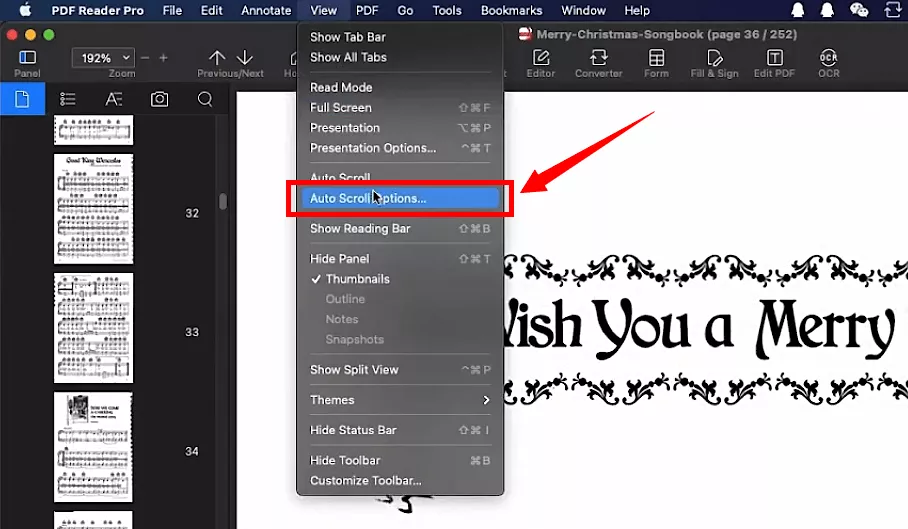 select auto scroll options under view in pdf reader pro