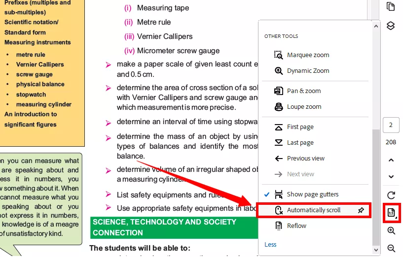 select automatically scroll under page display in adobe acrobat