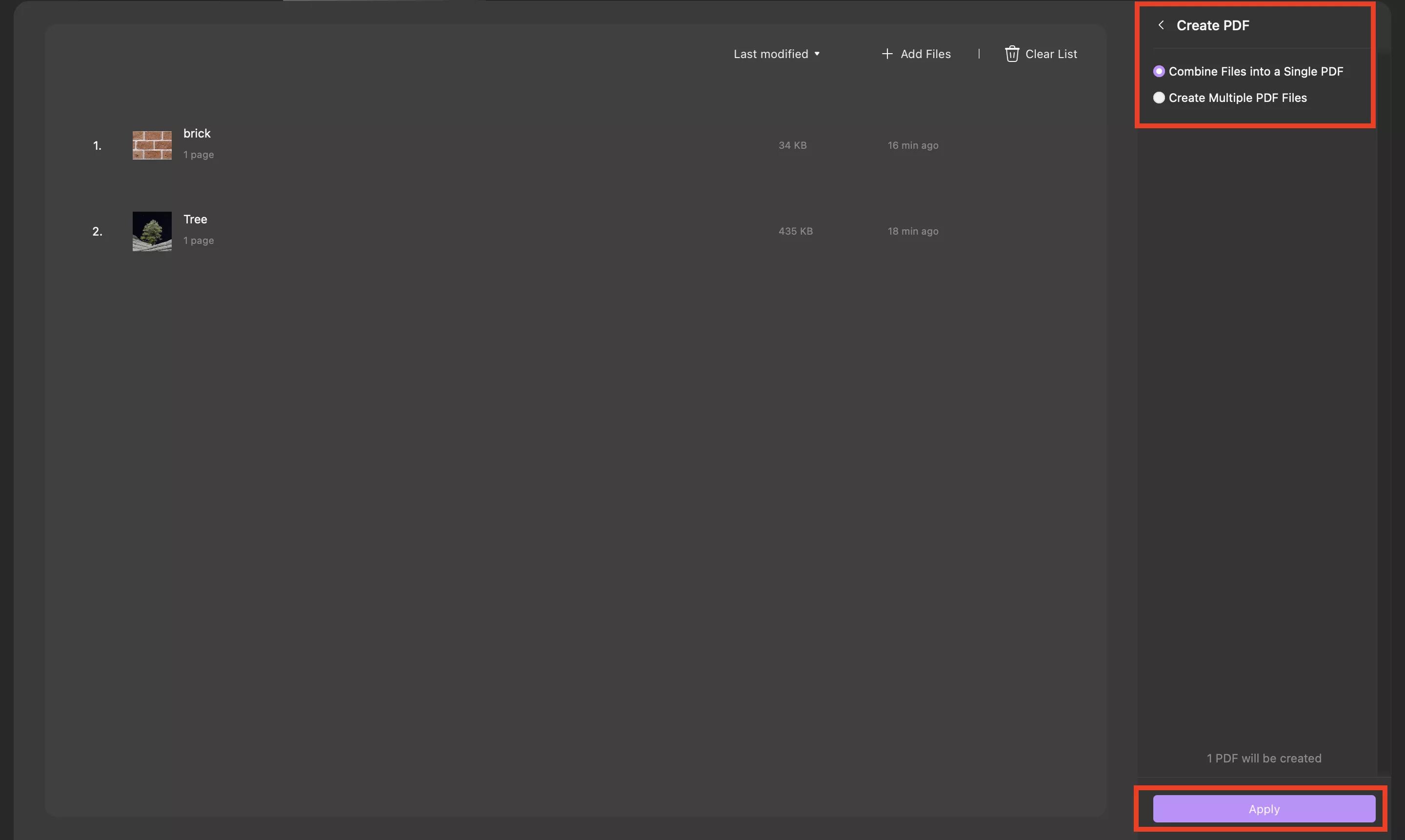select files to create pdf into one single or multiple pdfs