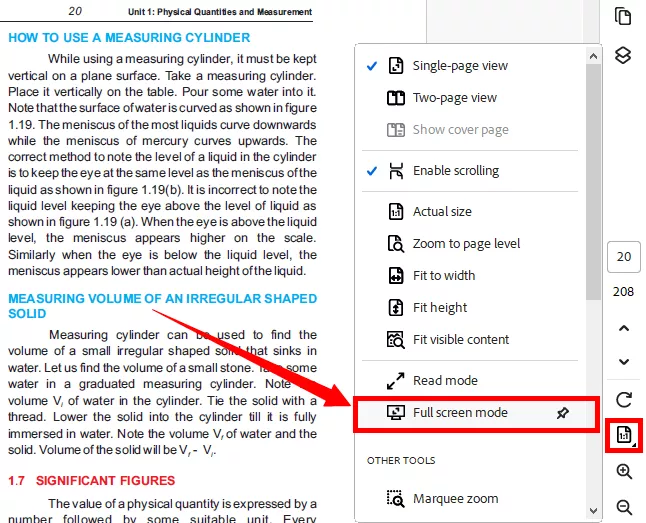 select the full-screen mode under the view menu in acrobat