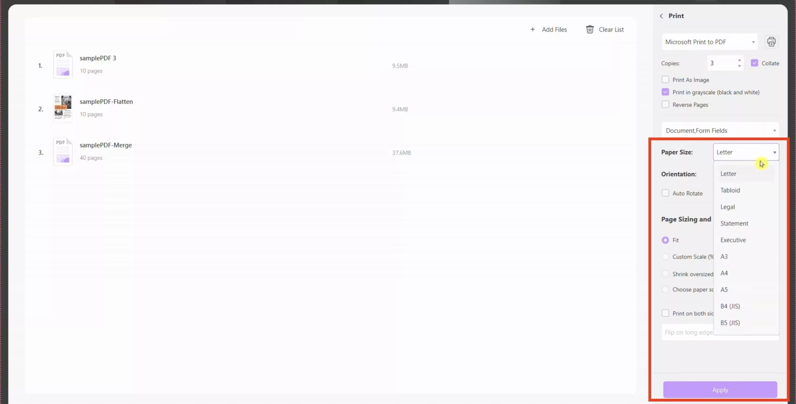 select paper size to print pdf in batch with updf