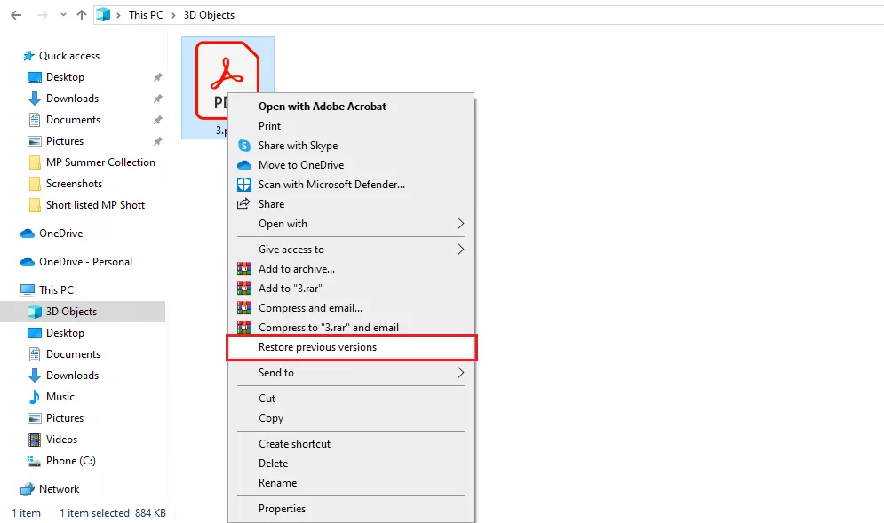 select restore previous versions in windows