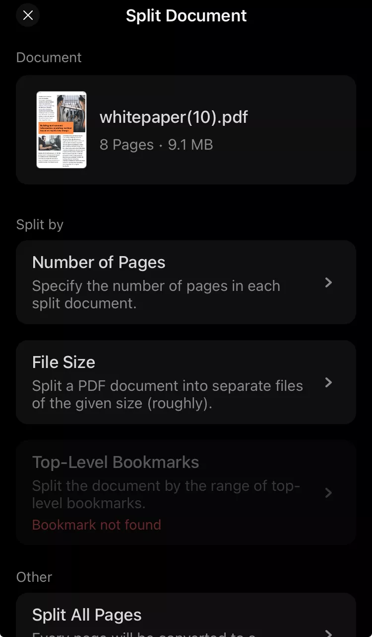  split by file size for updf for ios