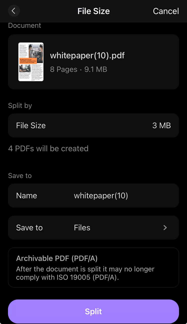 split pdf with file size with updf for ios